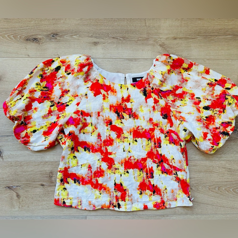 Dkny Puff Sleeve linen Blouse M - Picture 2 of 10